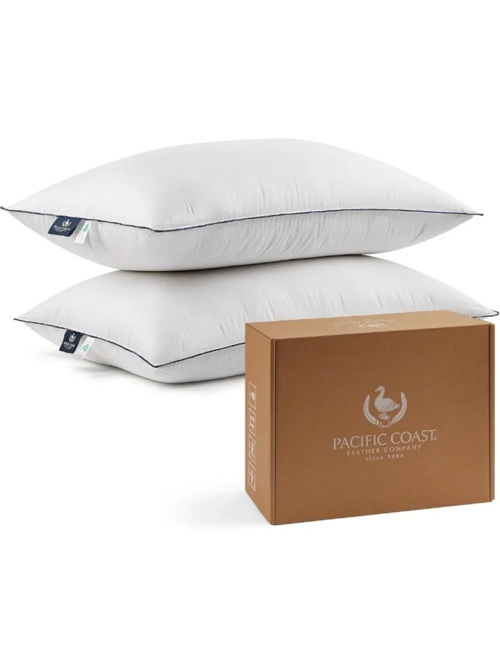 Queen Size Goose Feather & Down Pillows Set of 2 | 3-Chamber Hotel Style for